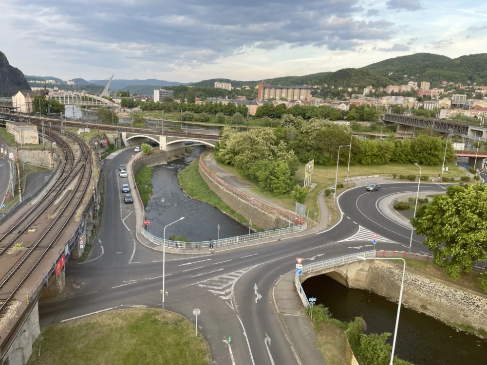 view over Ústí nad Labem with railway,streets river and factories and living houses